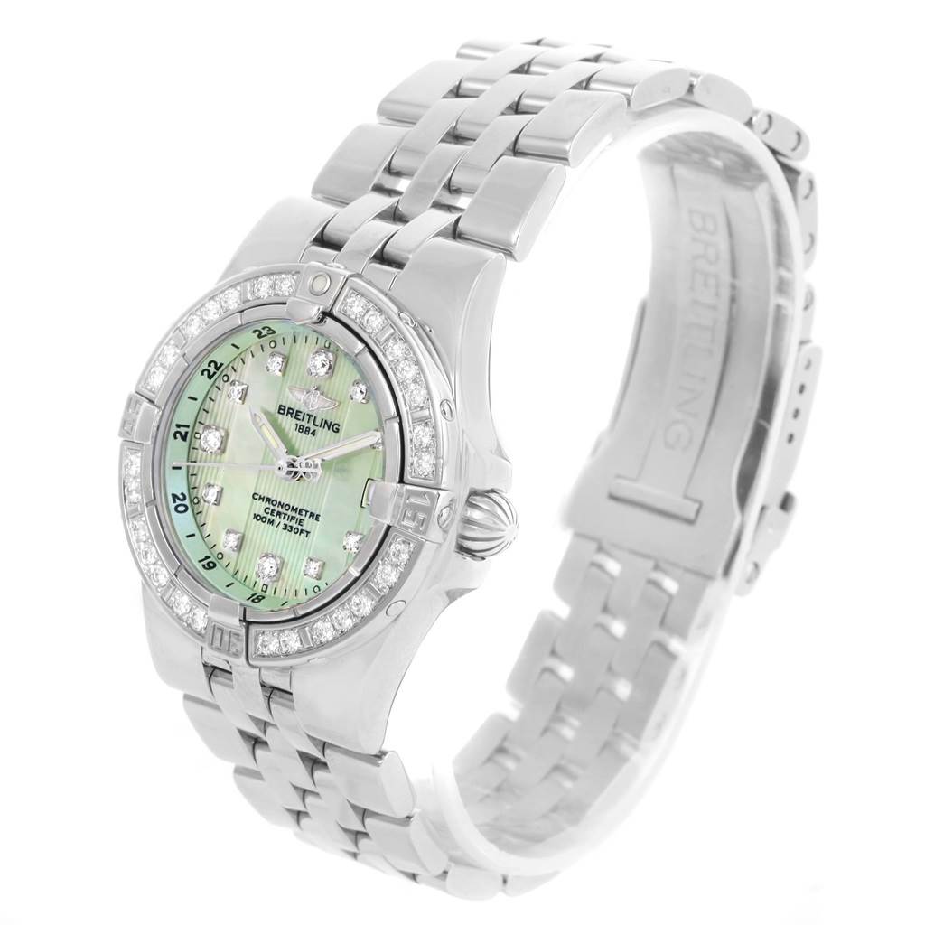 The image shows a Breitling A71340 Women's Stainless Steel Mother of Pearl Dial A71340 Women's Stainless Steel Mother of Pearl Dial Starliner Green Mother of Pearl Diamond Ladies Watch A71340 at a slight angle, highlighting the face, bezel, and bracelet.