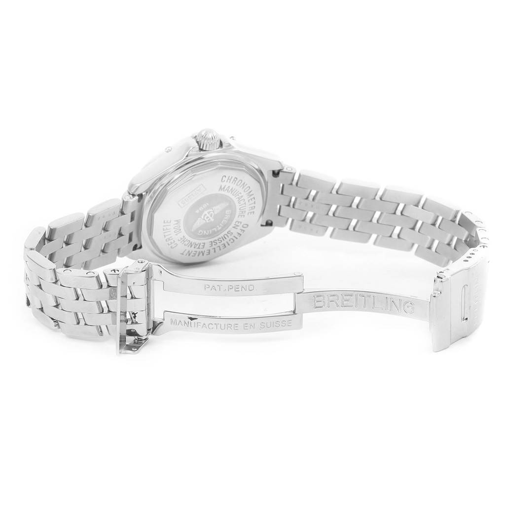 The image shows the back and open clasp of a Breitling A71365 Women's Stainless Steel Mother of Pearl Dial A71365 Women's Stainless Steel Mother of Pearl Dial B-Class MOP Diamond Dial Bezel Womens Watch model A71365.