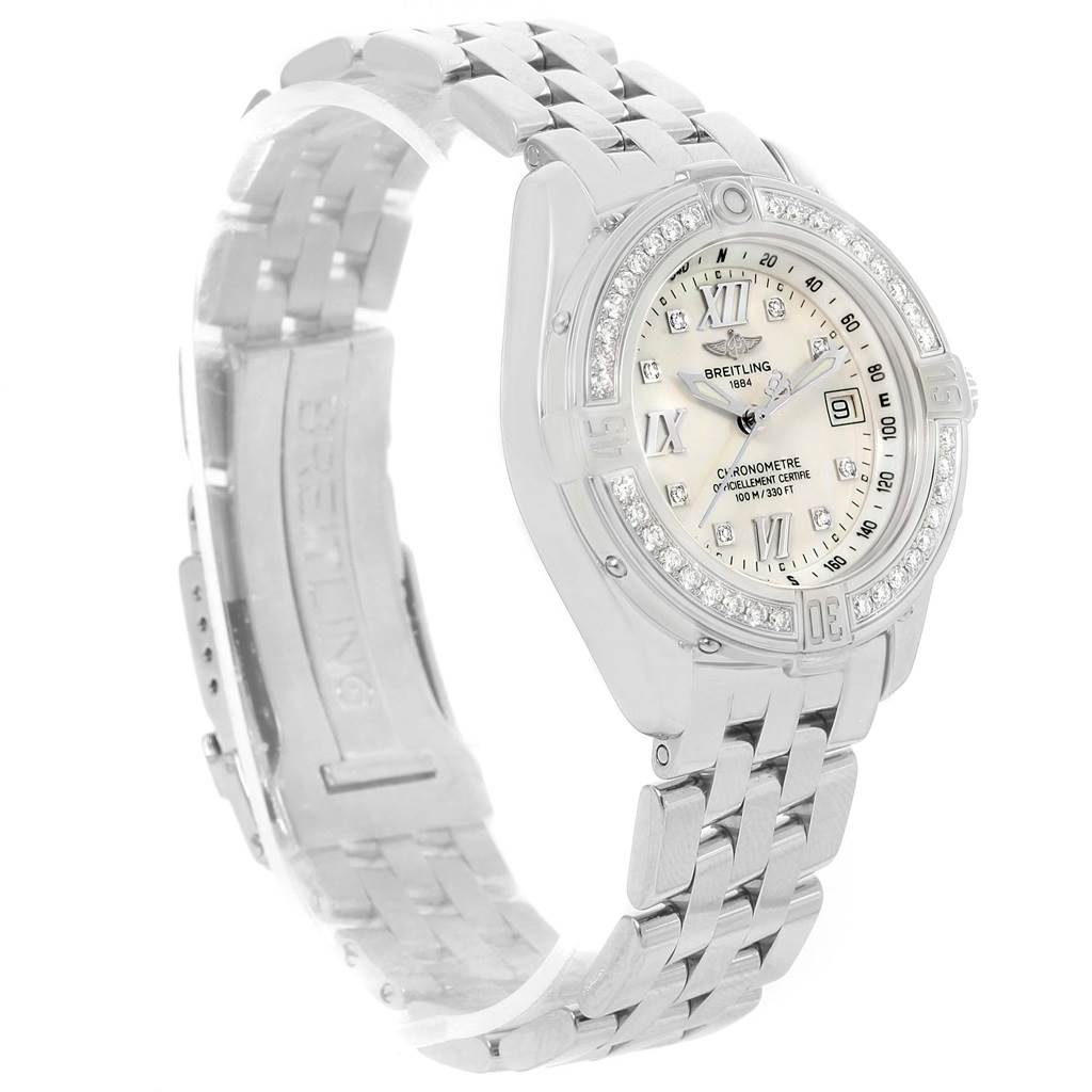 The image shows a Breitling A71365 Women's Stainless Steel Mother of Pearl Dial A71365 Women's Stainless Steel Mother of Pearl Dial B-Class MOP Diamond Dial Bezel Women's Watch, model A71365, viewed from an oblique angle highlighting the face and bracelet.