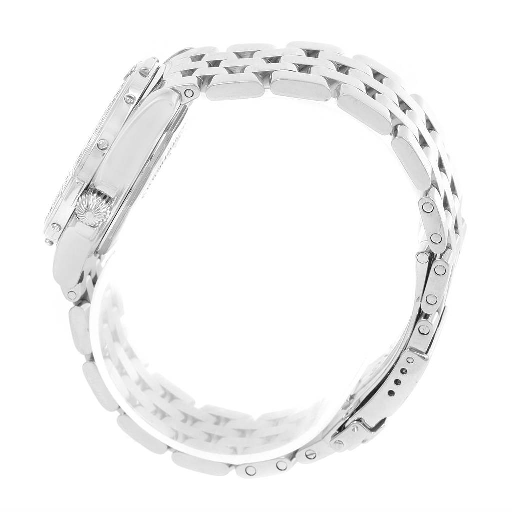 The image shows a side view of the Breitling A71365 Women's Stainless Steel Mother of Pearl Dial A71365 Women's Stainless Steel Mother of Pearl Dial B-Class MOP Diamond Dial Bezel Women's Watch A71365, emphasizing the bracelet and case.