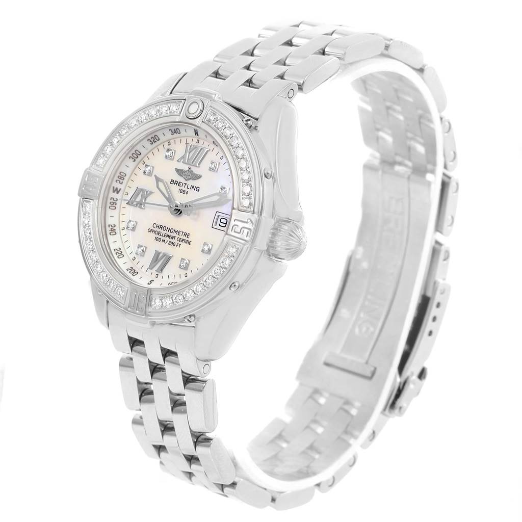 The image shows a side-angle view of the Breitling A71365 Women's Stainless Steel Mother of Pearl Dial A71365 Women's Stainless Steel Mother of Pearl Dial B-Class MOP Diamond Dial Bezel Women's Watch A71365, highlighting the dial, bezel, and bracelet.