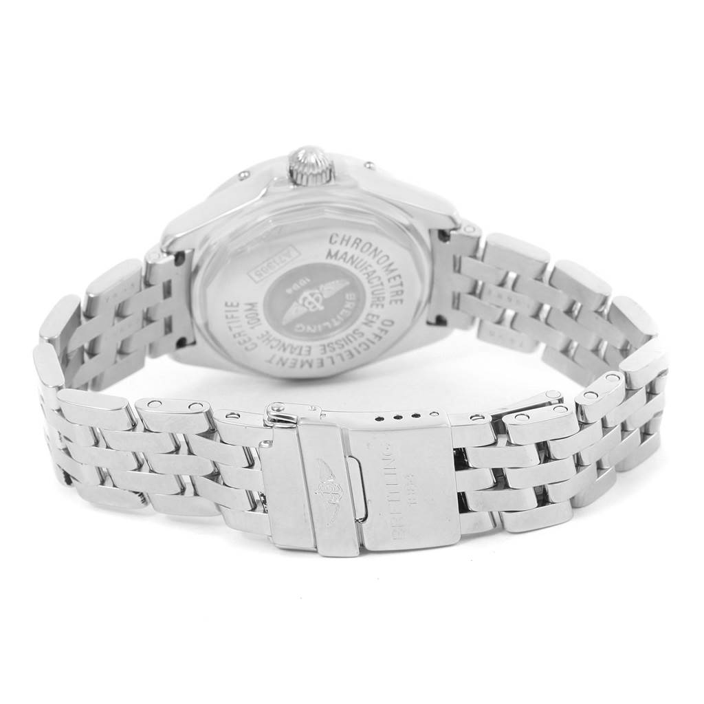 The image shows the back view of a Breitling A71365 Women's Stainless Steel Mother of Pearl Dial A71365 Women's Stainless Steel Mother of Pearl Dial B-Class MOP Diamond Dial Bezel Womens Watch A71365, highlighting the clasp and bracelet.