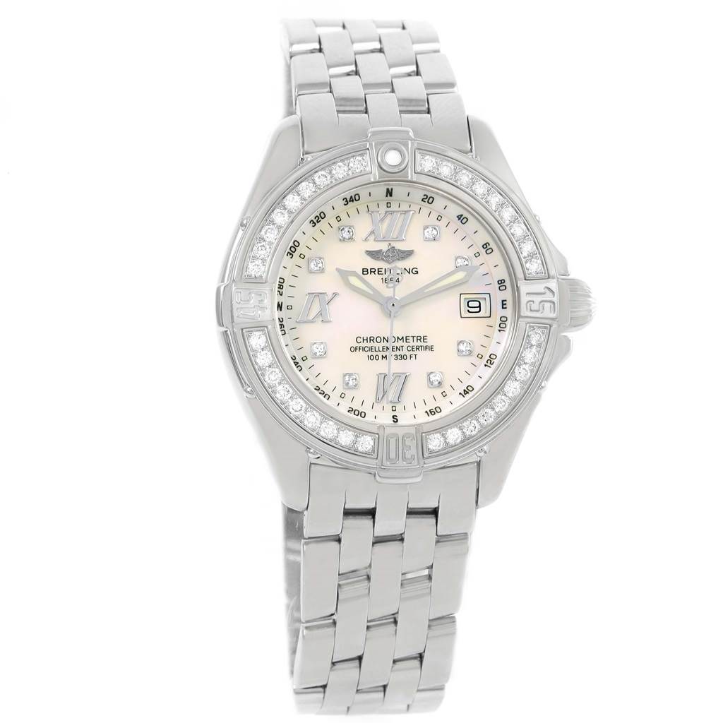 The image shows a front view of the B-Class MOP Diamond Dial Bezel Women's Watch A71365 by Breitling A71365 Women's Stainless Steel Mother of Pearl Dial A71365 Women's Stainless Steel Mother of Pearl Dial, including the dial, bezel, and bracelet.