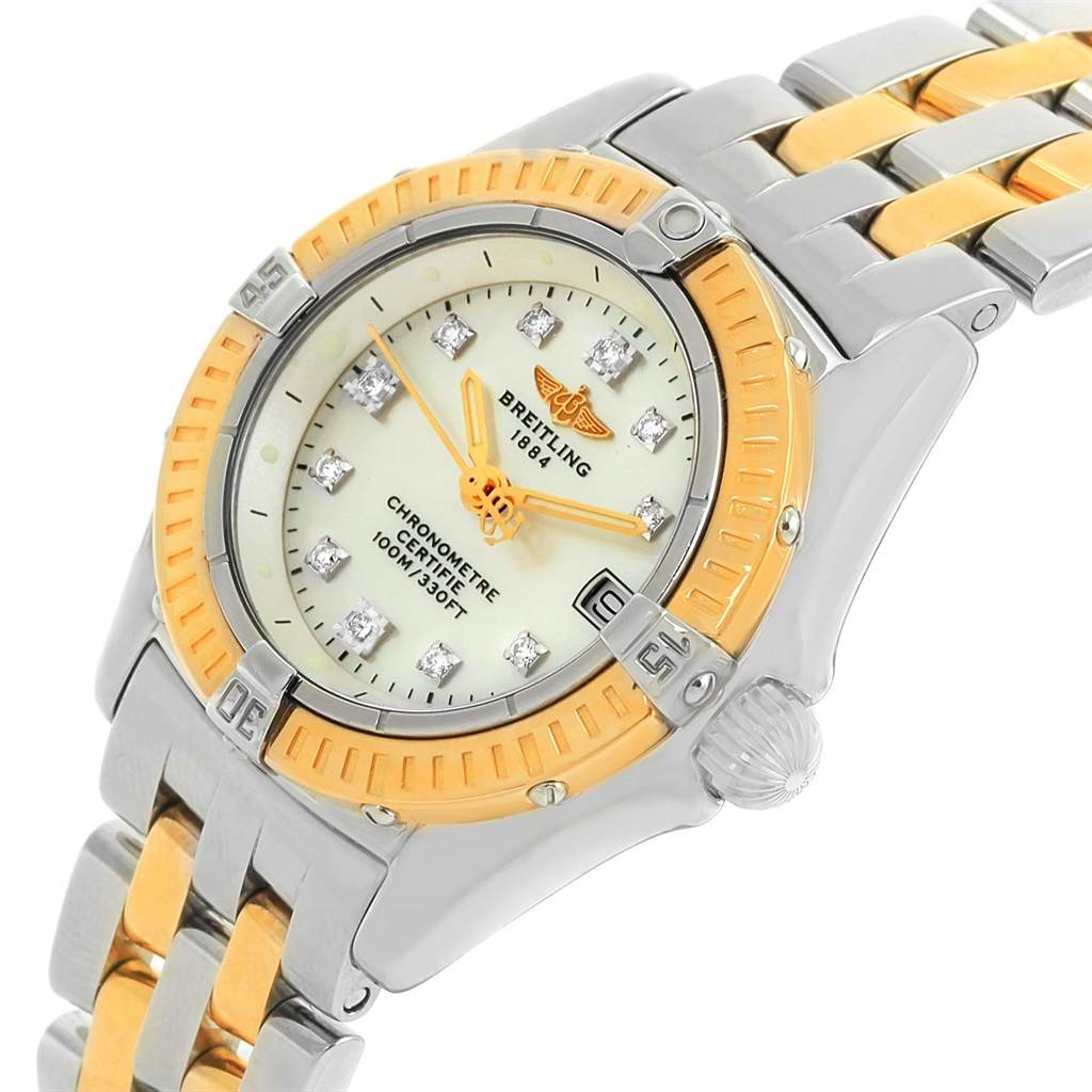 The image shows a Breitling D72345 Women's Stainless Steel Mother of Pearl Dial D72345 Women's Stainless Steel Mother of Pearl Dial Windrider Calisto Steel Yellow Gold Diamond Ladies Watch D72345 at an angled top view, highlighting the face, bezel, and bracelet.