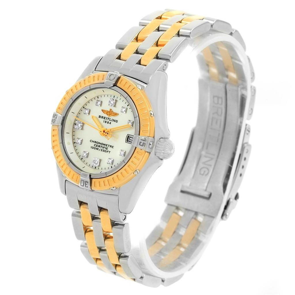 This Breitling D72345 Women's Stainless Steel Mother of Pearl Dial D72345 Women's Stainless Steel Mother of Pearl Dial Windrider Calisto Steel Yellow Gold Diamond Ladies Watch D72345 is shown at an angled view displaying its face and bracelet.