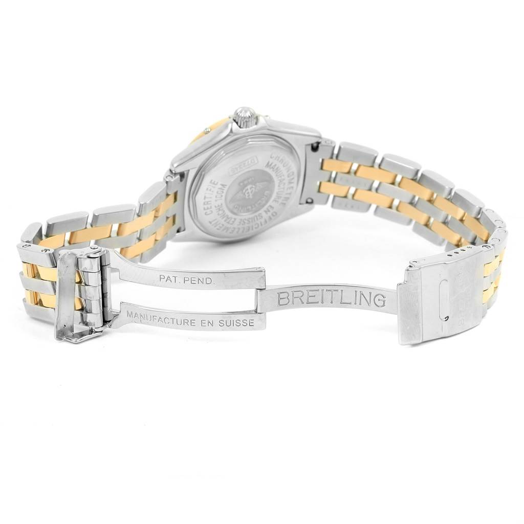 The image shows the backside and partially open clasp of the Breitling D72345 Women's Stainless Steel Mother of Pearl Dial D72345 Women's Stainless Steel Mother of Pearl Dial Windrider Calisto Steel Yellow Gold Diamond Ladies Watch D72345.