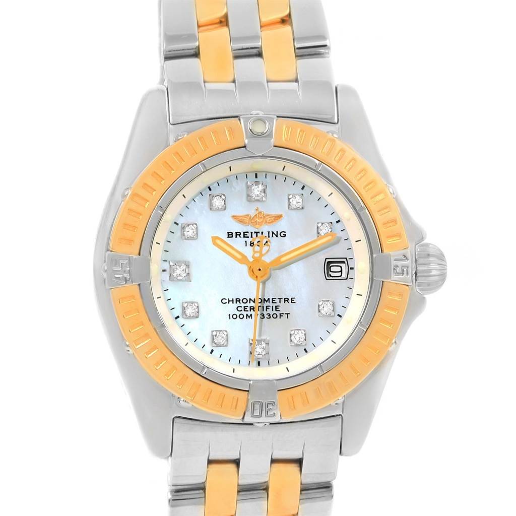 The image shows a front view of the Breitling D72345 Women's Stainless Steel Mother of Pearl Dial D72345 Women's Stainless Steel Mother of Pearl Dial Windrider Calisto Steel Yellow Gold Diamond Ladies Watch D72345.