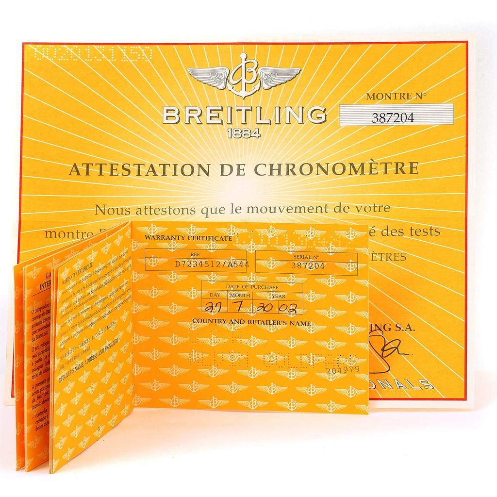 The image shows warranty documents for a Breitling D72345 Women's Stainless Steel Mother of Pearl Dial D72345 Women's Stainless Steel Mother of Pearl Dial Windrider Calisto Steel Yellow Gold Diamond Ladies Watch D72345 model.