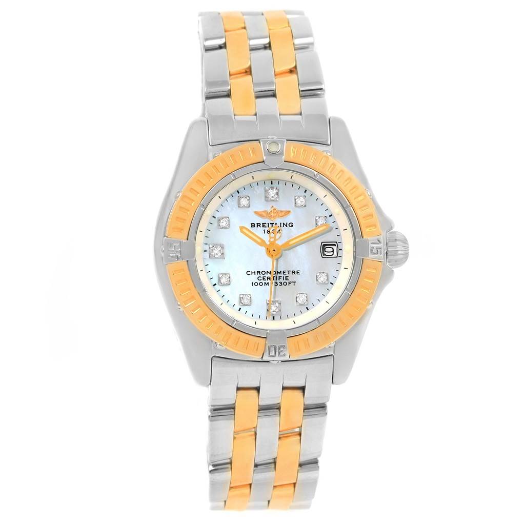 The image shows a front view of the Breitling D72345 Women's Stainless Steel Mother of Pearl Dial D72345 Women's Stainless Steel Mother of Pearl Dial Windrider Calisto Steel Yellow Gold Diamond Ladies Watch D72345, highlighting the dial and bracelet.