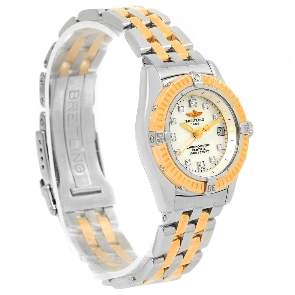 The image shows a Breitling D72345 Women's Stainless Steel Mother of Pearl Dial D72345 Women's Stainless Steel Mother of Pearl Dial Windrider Calisto Steel Yellow Gold Diamond Ladies Watch D72345 at a slight side angle, highlighting the band and face.