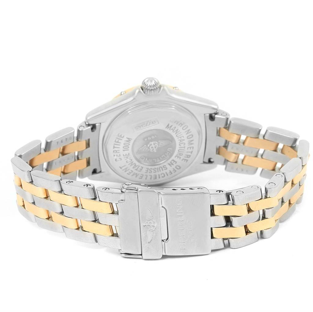 The image shows the backside and clasp of the Breitling D72345 Women's Stainless Steel Mother of Pearl Dial D72345 Women's Stainless Steel Mother of Pearl Dial Windrider Calisto Steel Yellow Gold Diamond Ladies Watch model D72345.