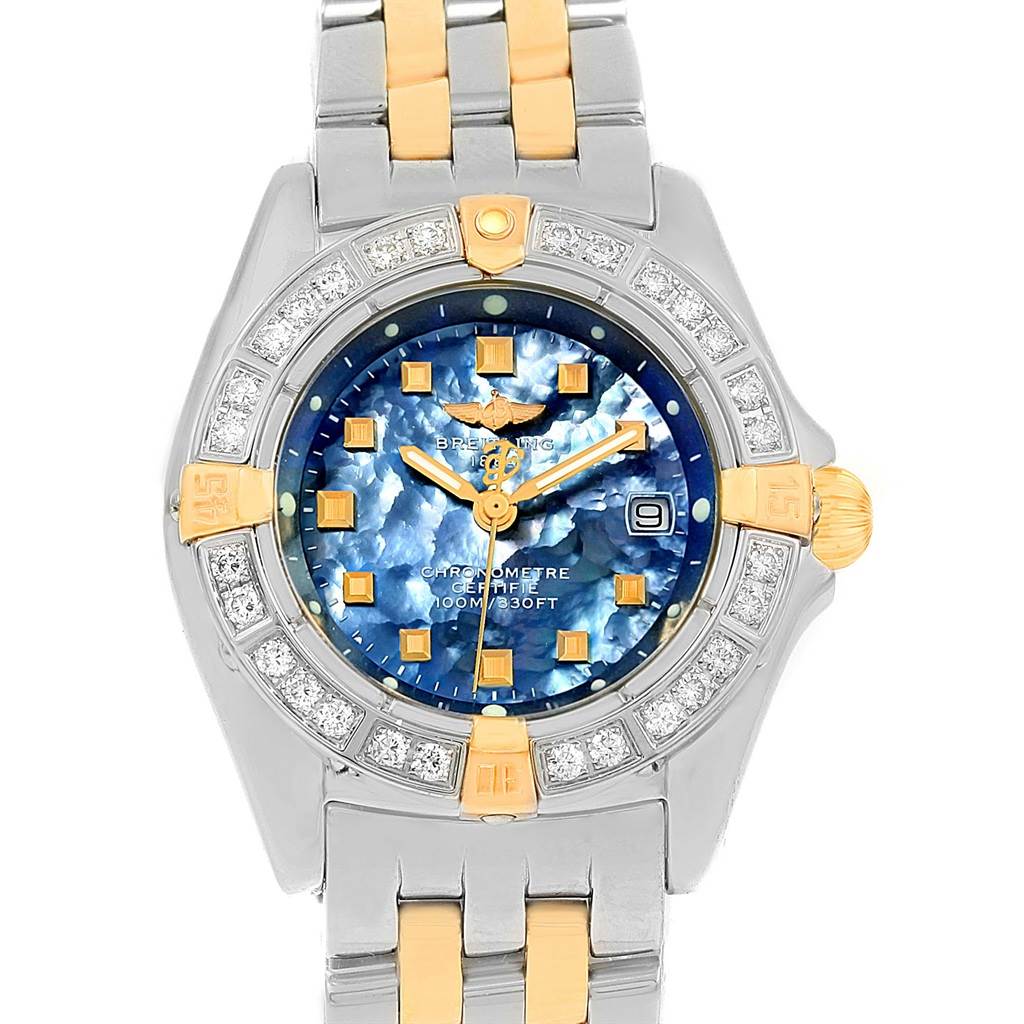 This image shows a front view of the Breitling B72345 Women's Stainless Steel Mother of Pearl Dial B72345 Women's Stainless Steel Mother of Pearl Dial Callisto Ladies Blue Mother of Pearl Diamond Watch B72345 model.