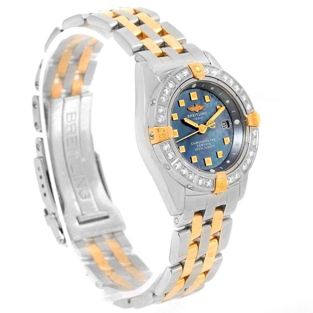 The image shows the Breitling B72345 Women's Stainless Steel Mother of Pearl Dial B72345 Women's Stainless Steel Mother of Pearl Dial Callisto Ladies Blue Mother of Pearl Diamond Watch B72345 model from a three-quarter angle, highlighting the face and band.