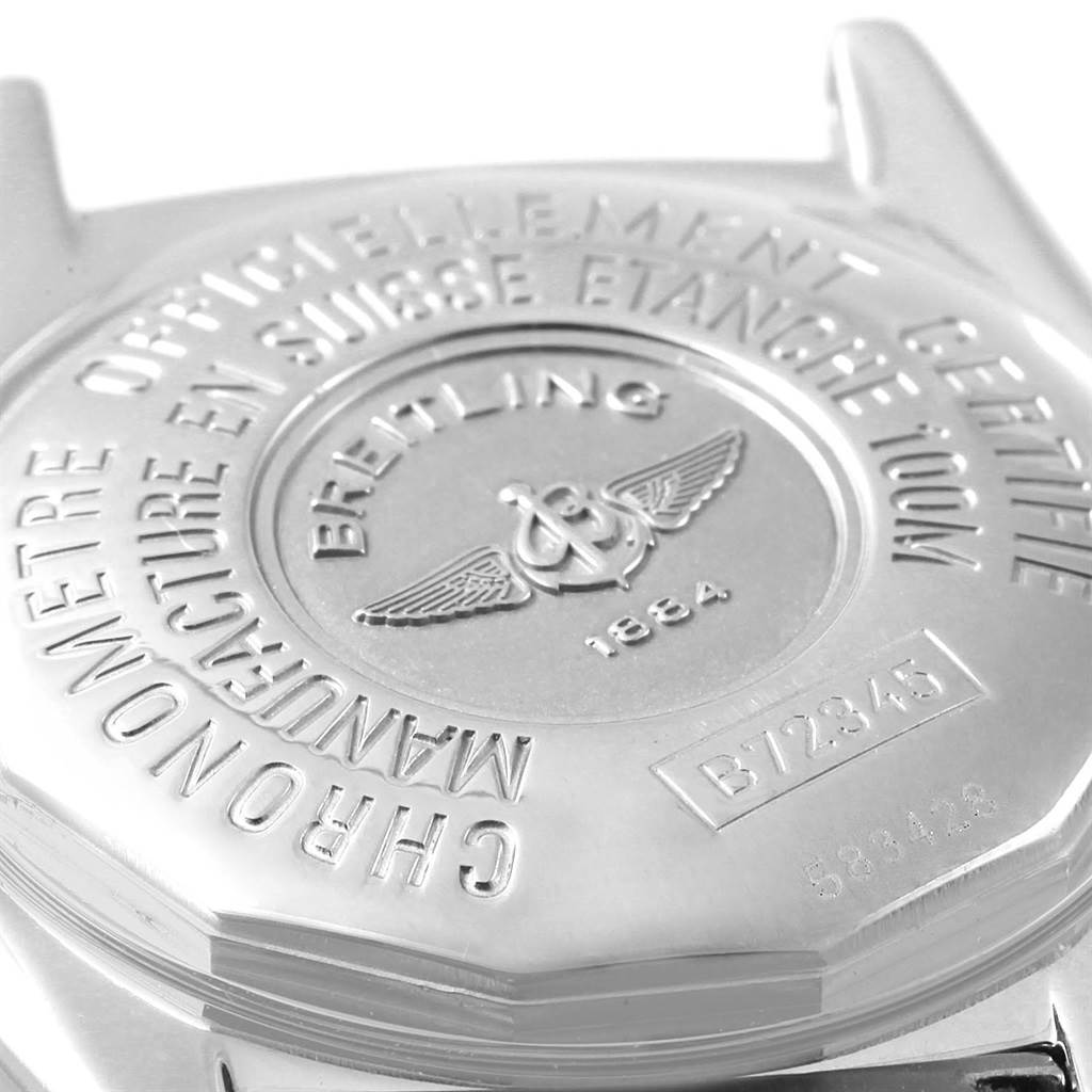 This image shows the back casing of a Breitling B72345 Women's Stainless Steel Mother of Pearl Dial B72345 Women's Stainless Steel Mother of Pearl Dial Callisto Ladies Blue Mother of Pearl Diamond Watch, model B72345, with engravings visible.