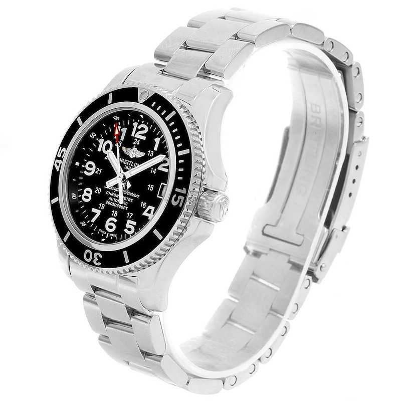 The image shows the Breitling Superocean II 36 Black Dial Automatic Ladies Watch A17312 from an angled view, highlighting the watch face, bezel, and bracelet.