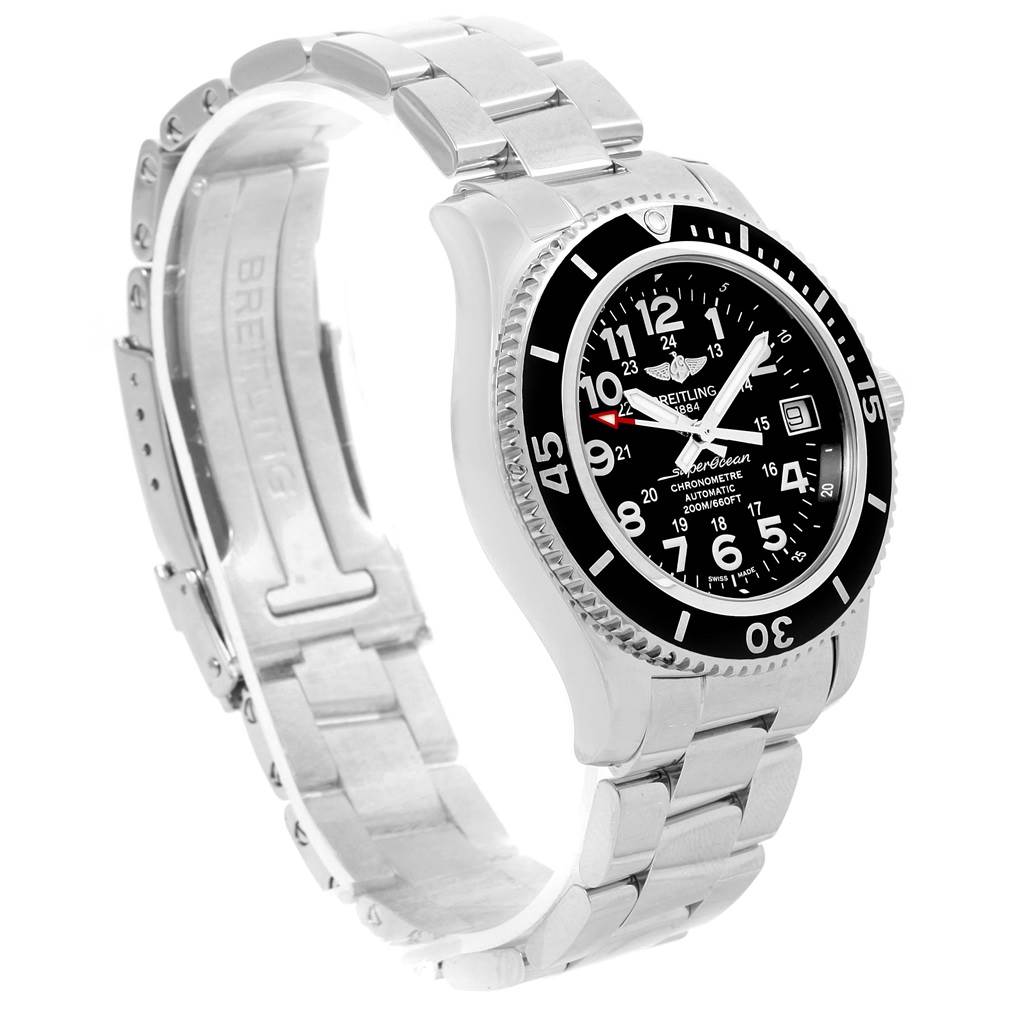 The Breitling A17312 Women's Stainless Steel Black Dial A17312 Women's Stainless Steel Black Dial Superocean II 36 A17312 watch is shown angled to display its black dial, stainless steel bracelet, and bezel.