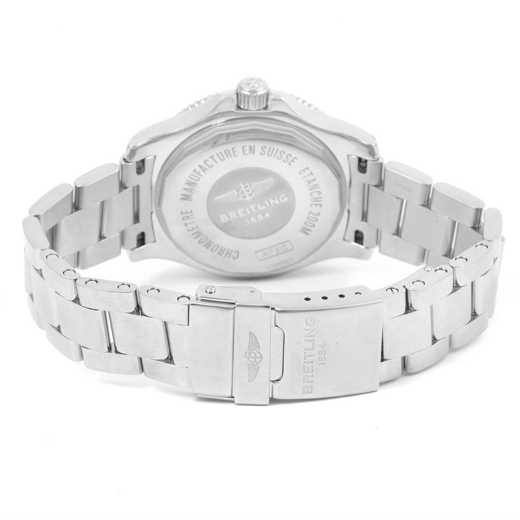 The image shows the back view of the Breitling A17312 Women's Stainless Steel Black Dial A17312 Women's Stainless Steel Black Dial Superocean II 36 Black Dial Automatic Ladies Watch A17312, highlighting the bracelet and clasp.