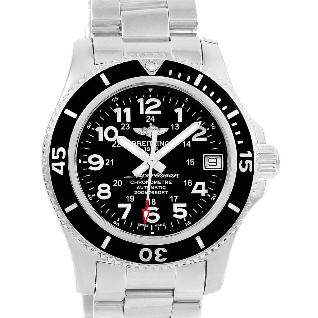 The Breitling A17312 Women's Stainless Steel Black Dial A17312 Women's Stainless Steel Black Dial Superocean II 36 A17312 model is shown from the front, displaying its black dial, bezel, and bracelet.