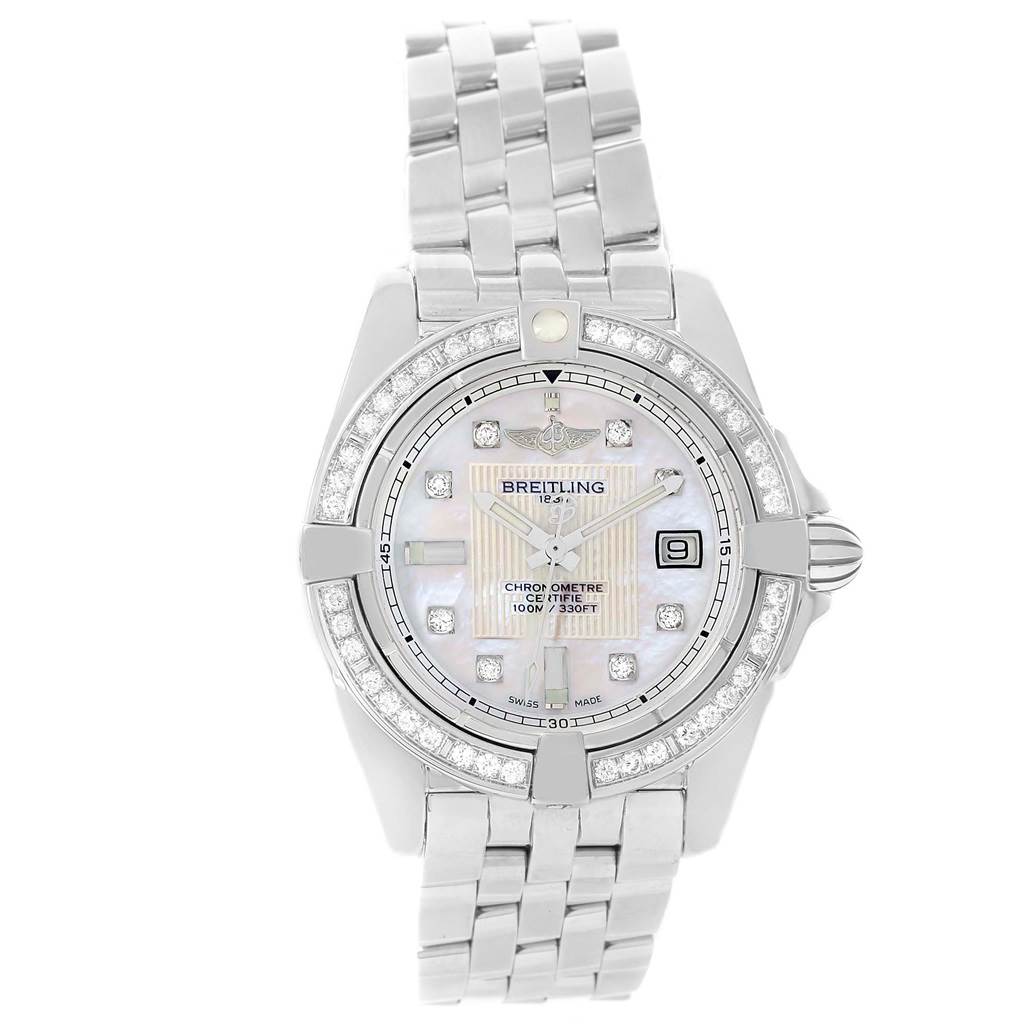 This image shows a front view of the Breitling A71356 Women's Stainless Steel Mother of Pearl Dial A71356 Women's Stainless Steel Mother of Pearl Dial Cockpit Mother Pearl Diamond Women's Watch A71356, highlighting the dial, bezel, and bracelet.