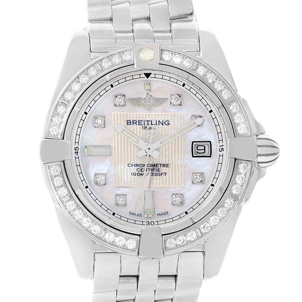 The image shows a front view of the Breitling A71356 Women's Stainless Steel Mother of Pearl Dial A71356 Women's Stainless Steel Mother of Pearl Dial Cockpit Mother Pearl Diamond Women's Watch A71356 Unworn model.