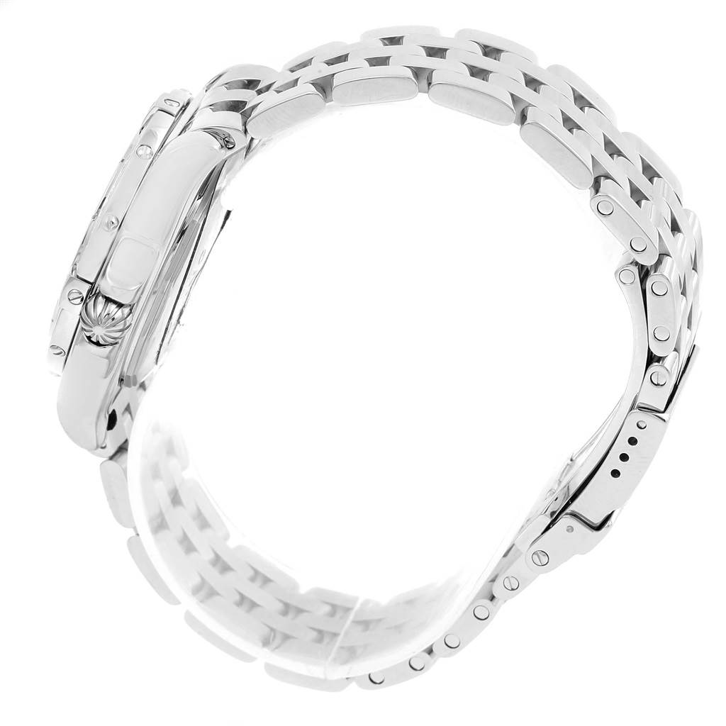 The Breitling A71356 Women's Stainless Steel Mother of Pearl Dial A71356 Women's Stainless Steel Mother of Pearl Dial Cockpit Mother Pearl Diamond Womens Watch A71356 is shown in a side view highlighting the case and bracelet.