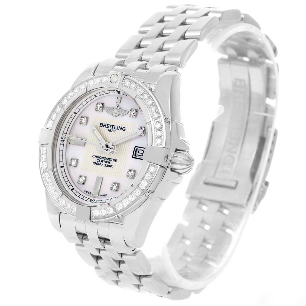 The image shows a side and top angle of the Breitling A71356 Women's Stainless Steel Mother of Pearl Dial A71356 Women's Stainless Steel Mother of Pearl Dial Cockpit Mother Pearl Diamond Women's Watch A71356 Unworn model.