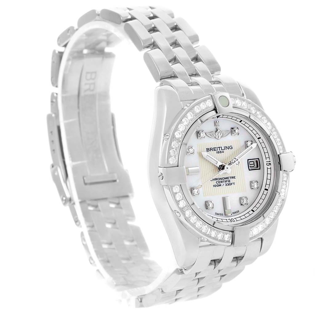 The angled view shows the bracelet, bezel, dial, and case of the Breitling A71356 Women's Stainless Steel Mother of Pearl Dial A71356 Women's Stainless Steel Mother of Pearl Dial Cockpit Mother Pearl Diamond A71356 Unworn watch.