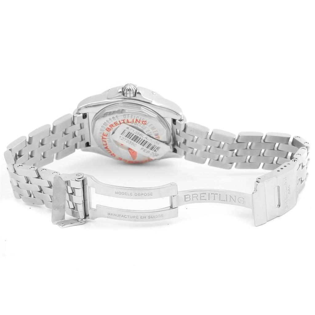 The image shows the back and bracelet of the Breitling A71356 Women's Stainless Steel Mother of Pearl Dial A71356 Women's Stainless Steel Mother of Pearl Dial Cockpit Mother Pearl Diamond Women's Watch A71356 Unworn model.