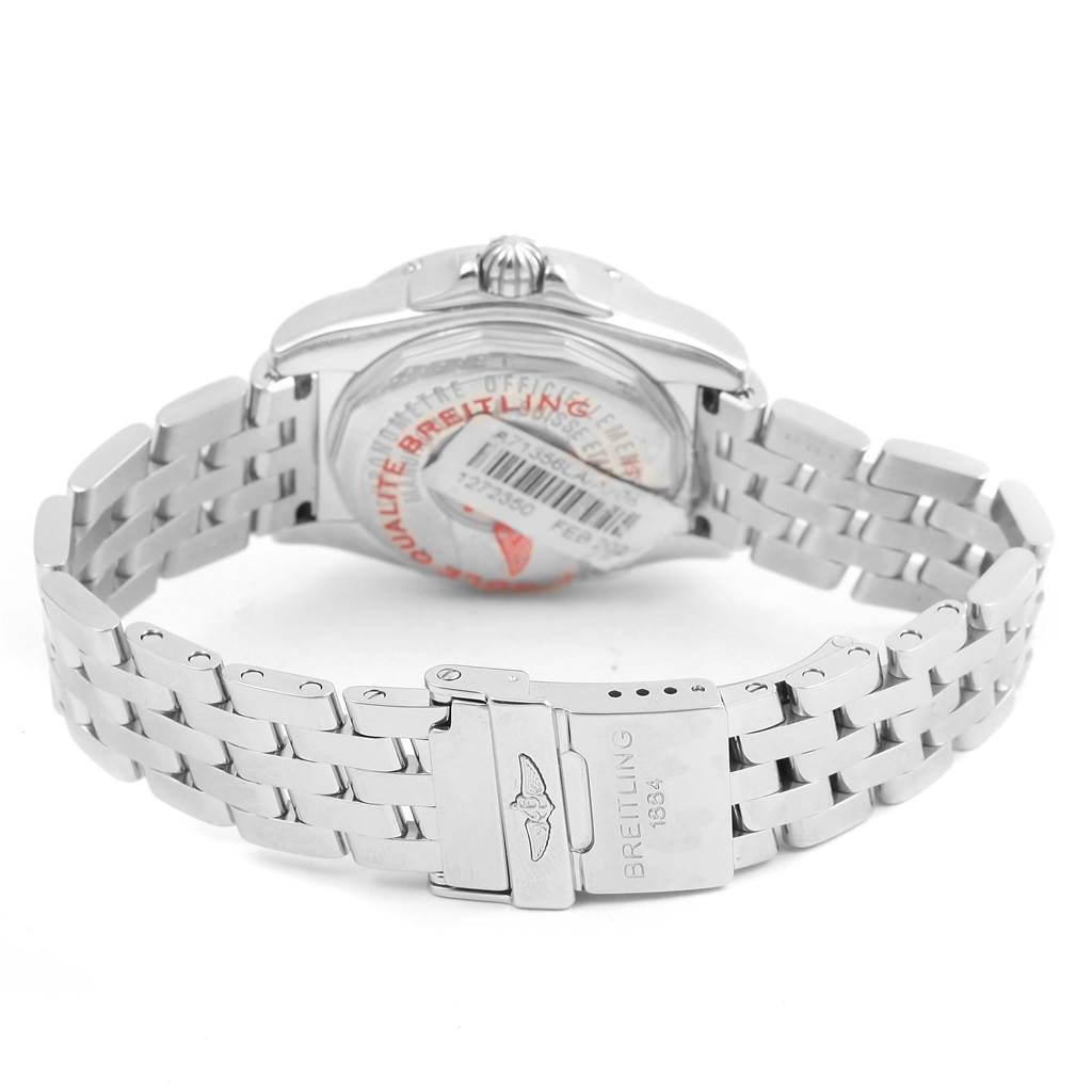 The image displays the back view of the Breitling A71356 Women's Stainless Steel Mother of Pearl Dial A71356 Women's Stainless Steel Mother of Pearl Dial Cockpit Mother Pearl Diamond Womens Watch A71356, focusing on the clasp and bracelet.