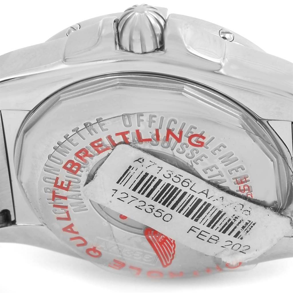 This image shows the case back and part of the crown of a Breitling A71356 Women's Stainless Steel Mother of Pearl Dial A71356 Women's Stainless Steel Mother of Pearl Dial Cockpit Mother Pearl Diamond Women's Watch A71356 Unworn model.