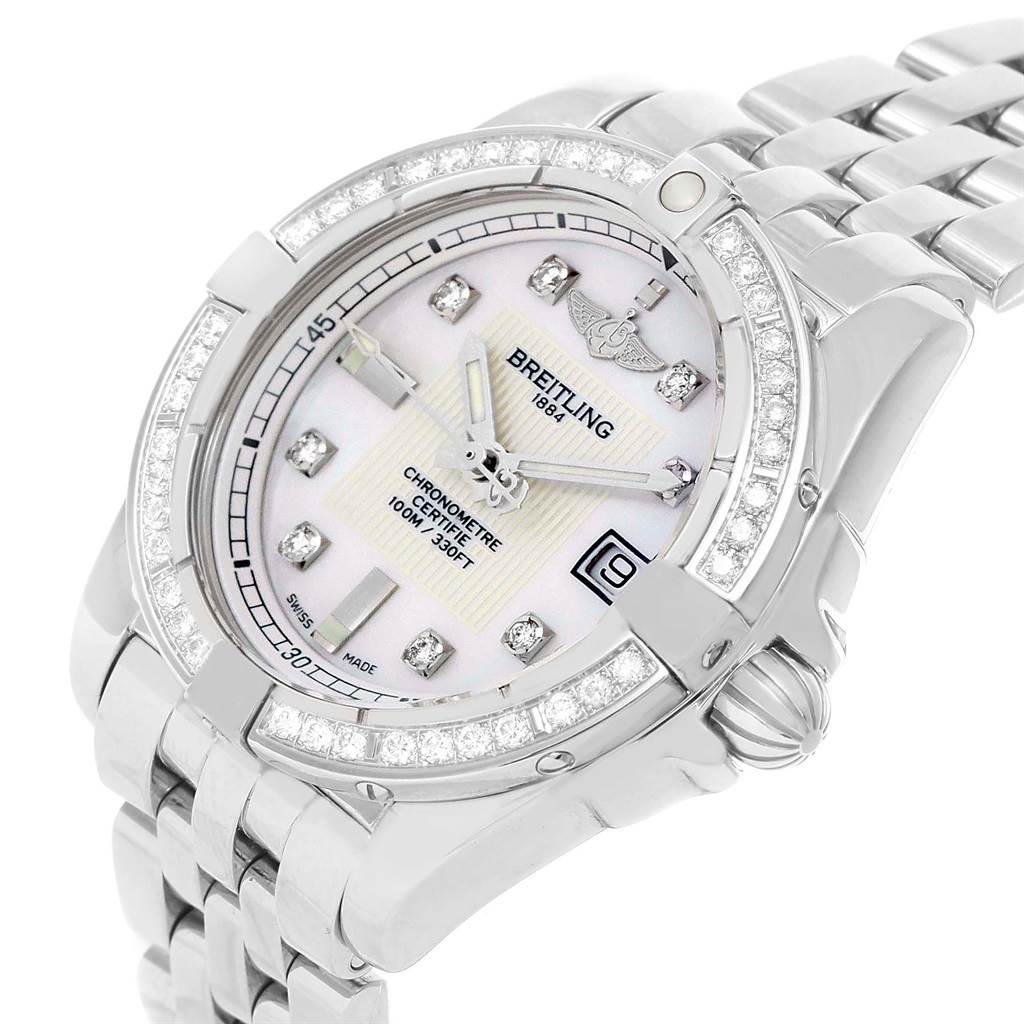 The image shows a close-up, slightly tilted view of the Breitling A71356 Women's Stainless Steel Mother of Pearl Dial A71356 Women's Stainless Steel Mother of Pearl Dial Cockpit Mother of Pearl Diamond Women's Watch A71356.