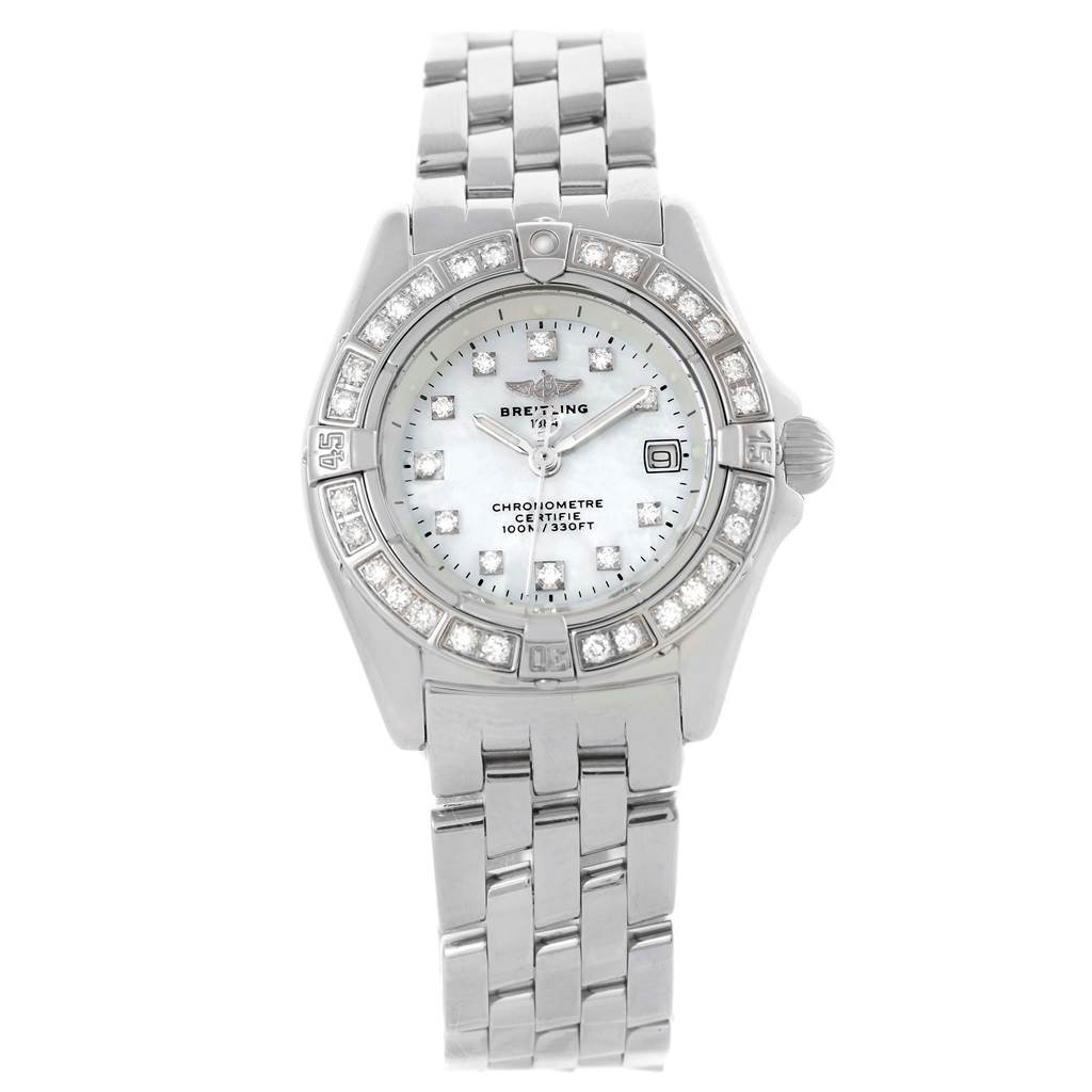 The image shows a front view of the Breitling A72345 Women's Stainless Steel Mother of Pearl Dial A72345 Women's Stainless Steel Mother of Pearl Dial Callisto MOP Diamond Ladies Watch A72345, displaying the face and bracelet.