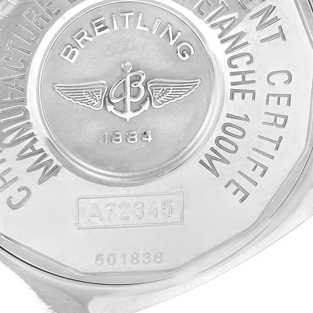 The image shows the case back of the Breitling A72345 Women's Stainless Steel Mother of Pearl Dial A72345 Women's Stainless Steel Mother of Pearl Dial Callisto MOP Diamond Ladies Watch A72345, detailing its model number and certification.