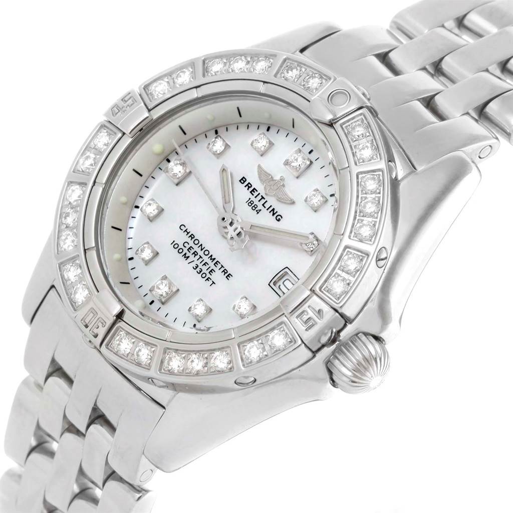 The image shows the face and bracelet of a Breitling A72345 Women's Stainless Steel Mother of Pearl Dial A72345 Women's Stainless Steel Mother of Pearl Dial Callisto MOP Diamond Ladies Watch A72345 at an angled close-up.