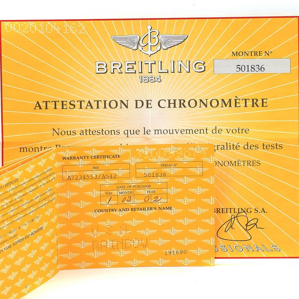 The image shows the warranty certificate and chronometer certification for the Breitling A72345 Women's Stainless Steel Mother of Pearl Dial A72345 Women's Stainless Steel Mother of Pearl Dial Callisto MOP Diamond Ladies Watch A72345.