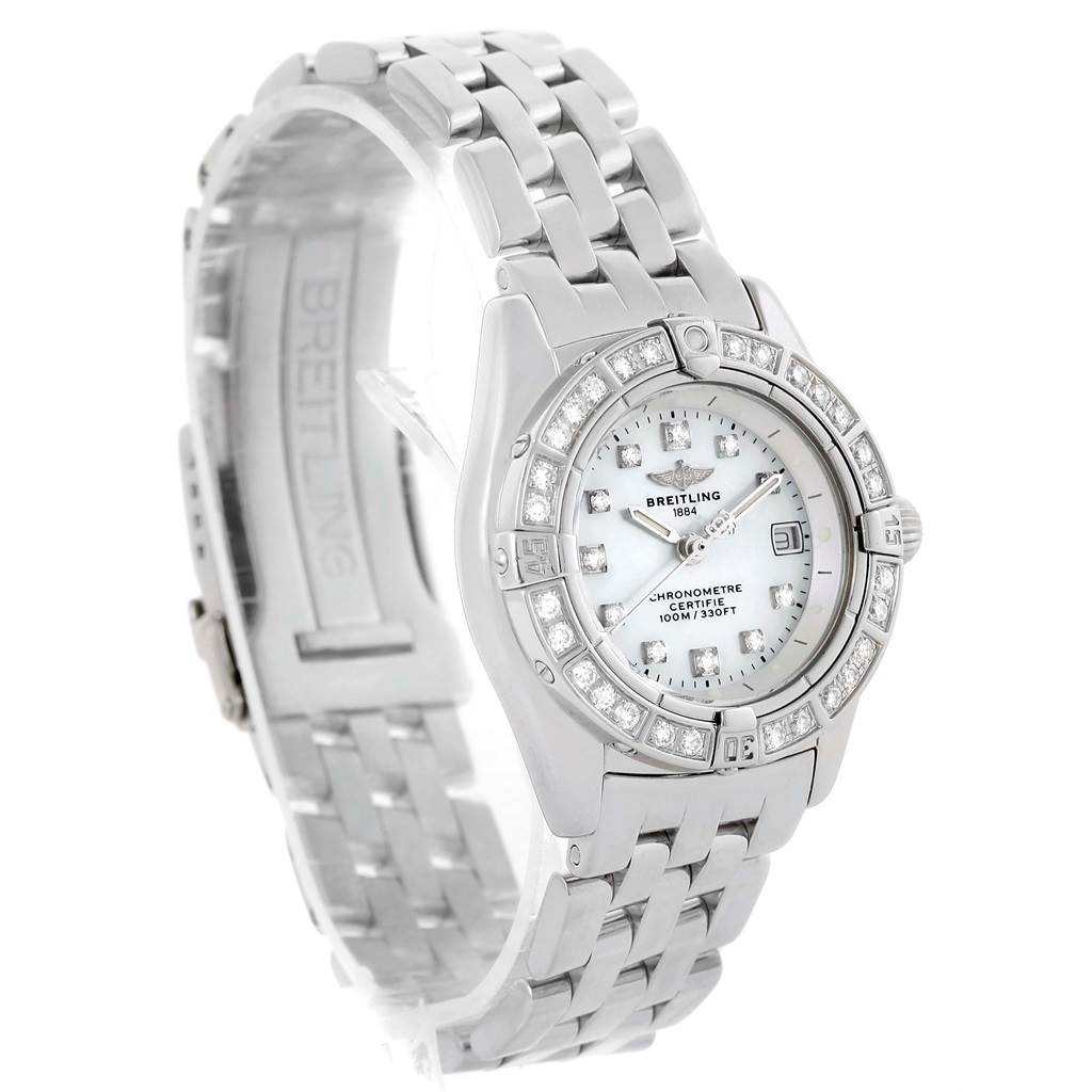 The image shows the Breitling A72345 Women's Stainless Steel Mother of Pearl Dial A72345 Women's Stainless Steel Mother of Pearl Dial Callisto MOP Diamond Ladies Watch A72345 from a front-side angle, highlighting its face and bracelet.