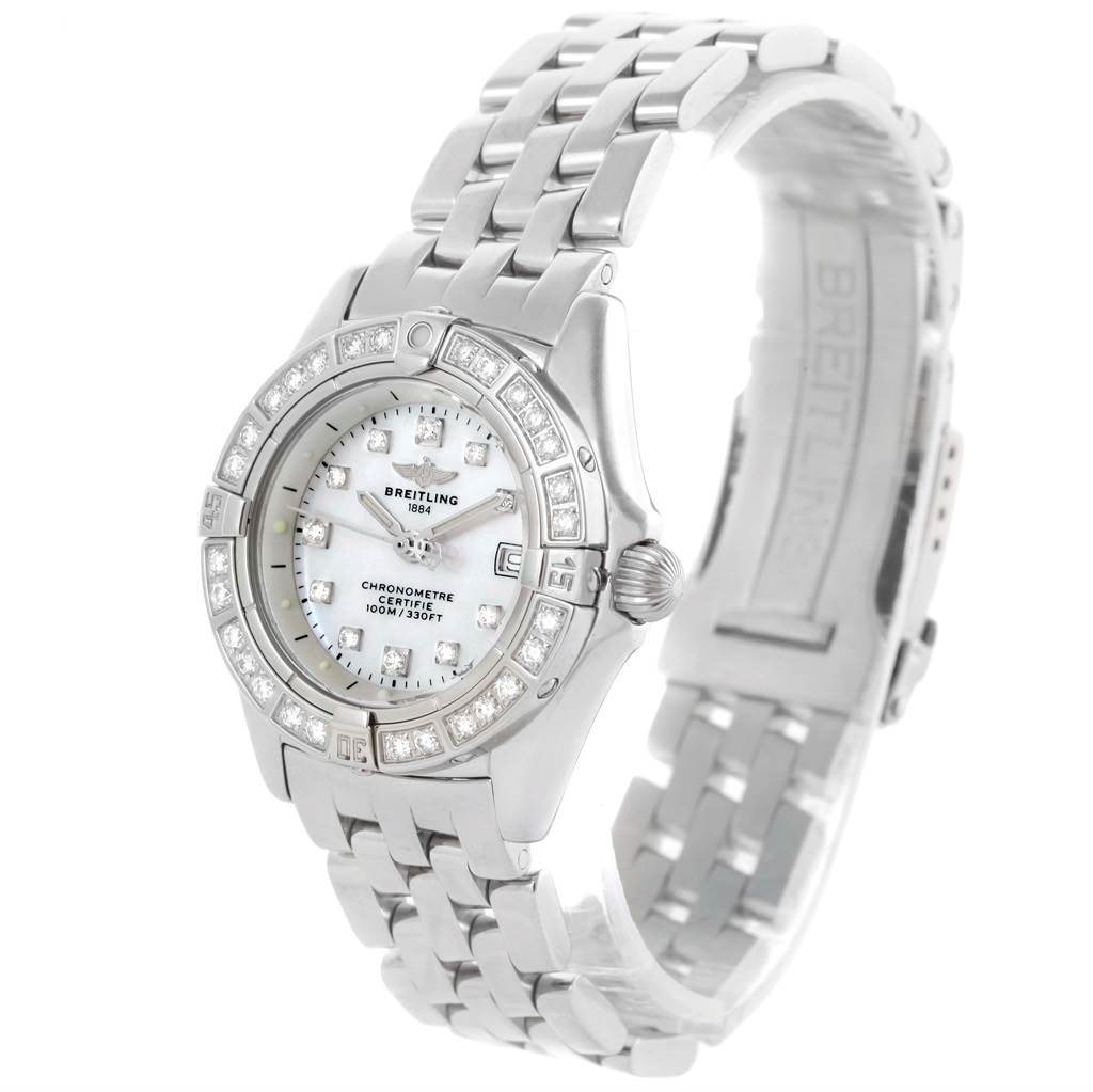 The image shows a Breitling A72345 Women's Stainless Steel Mother of Pearl Dial A72345 Women's Stainless Steel Mother of Pearl Dial Callisto MOP Diamond Ladies Watch A72345 displayed at a slight angle, highlighting its face, bezel, and bracelet.