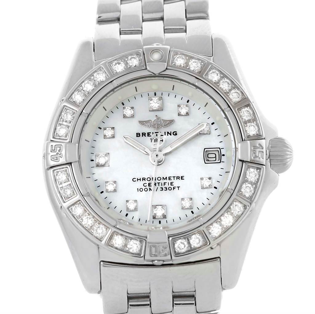 This is a front angle view showcasing the face and bracelet of the Breitling A72345 Women's Stainless Steel Mother of Pearl Dial A72345 Women's Stainless Steel Mother of Pearl Dial Callisto MOP Diamond Ladies Watch A72345.