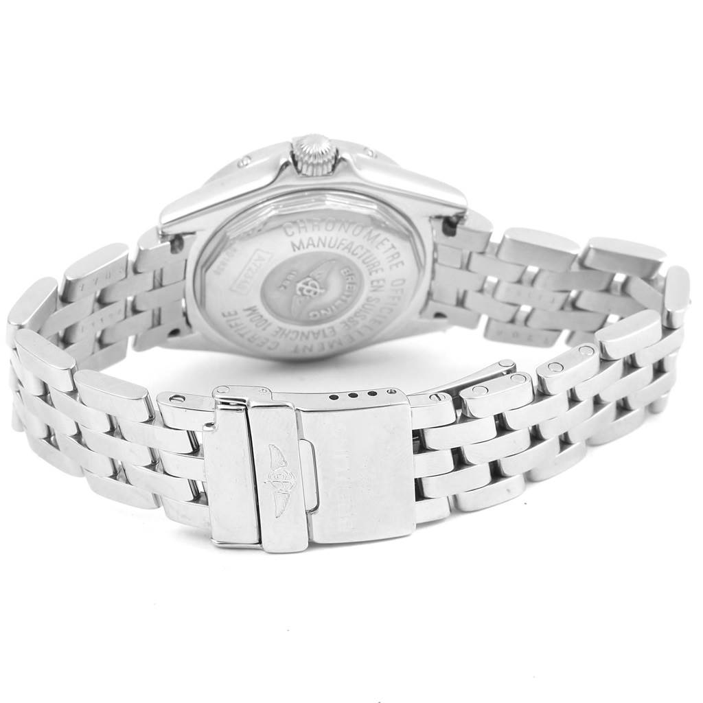 The image shows the back angle of the Breitling A72345 Women's Stainless Steel Mother of Pearl Dial A72345 Women's Stainless Steel Mother of Pearl Dial Callisto MOP Diamond Ladies Watch A72345, highlighting its bracelet and clasp.