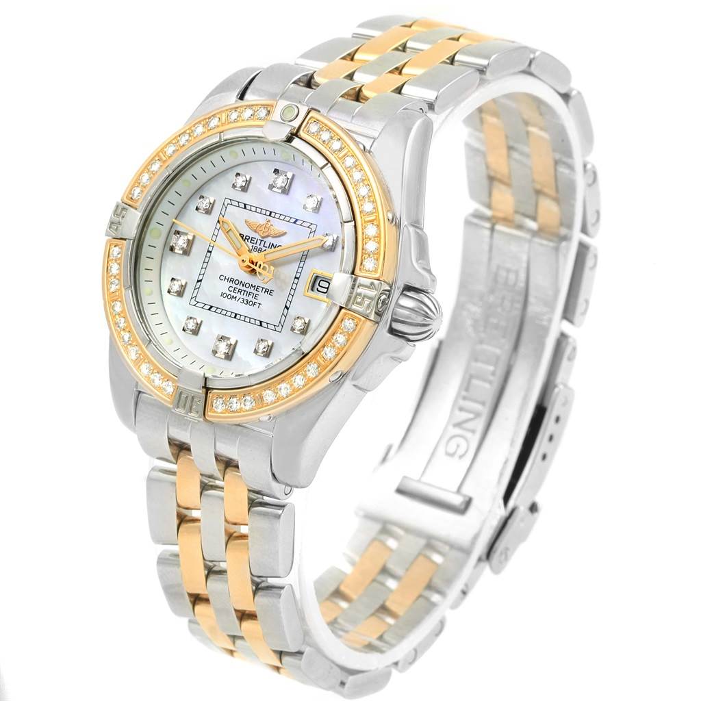 The Breitling D71356 Women's Stainless Steel Mother of Pearl Dial D71356 Women's Stainless Steel Mother of Pearl Dial Cockpit Ladies Steel 18K Yellow Gold Diamond Watch D71356 is shown from a front angle with the face, bezel, and bracelet visible.