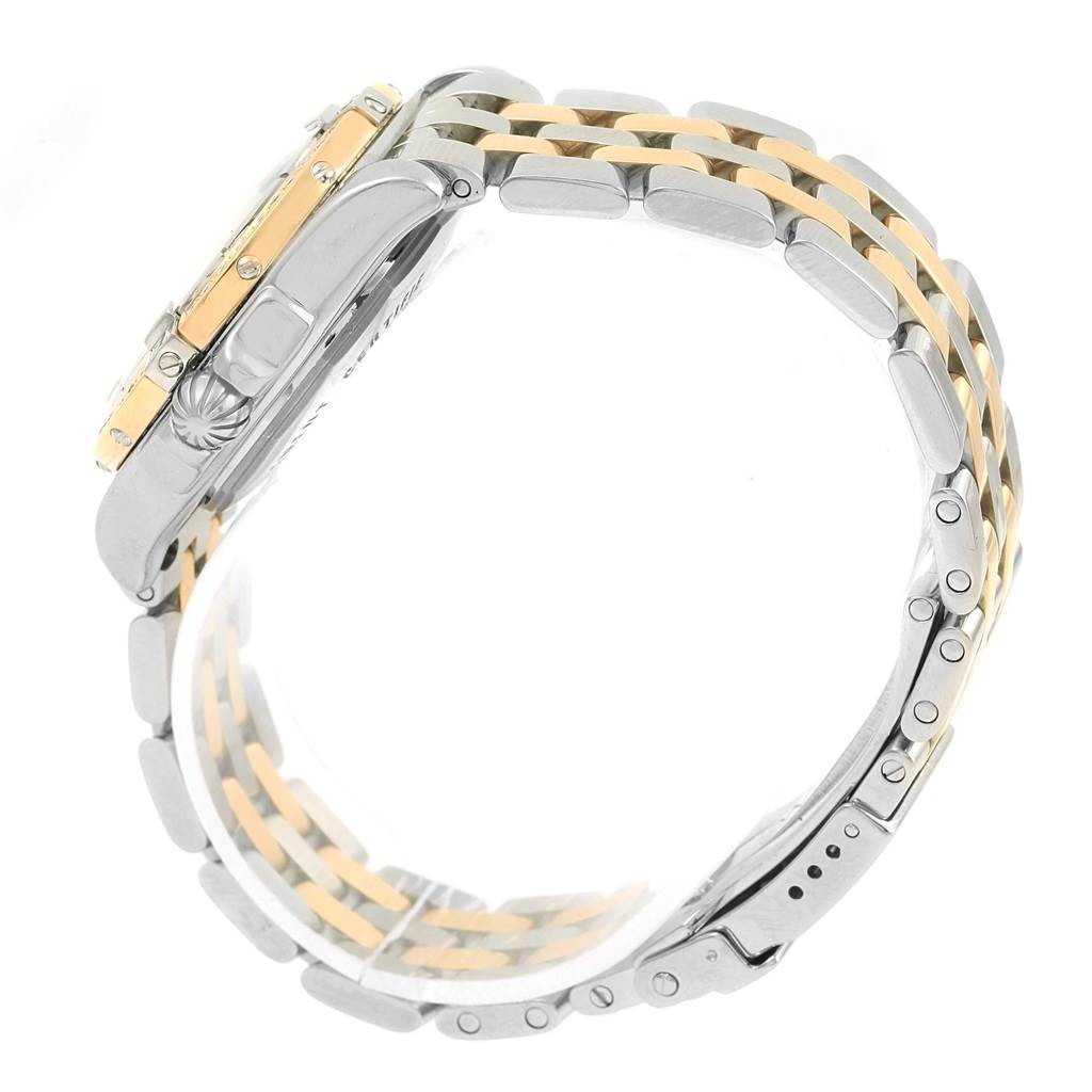 The image shows a side view of the Breitling D71356 Women's Stainless Steel Mother of Pearl Dial D71356 Women's Stainless Steel Mother of Pearl Dial Cockpit Ladies Steel 18K Yellow Gold Diamond Watch D71356, highlighting the band and crown.