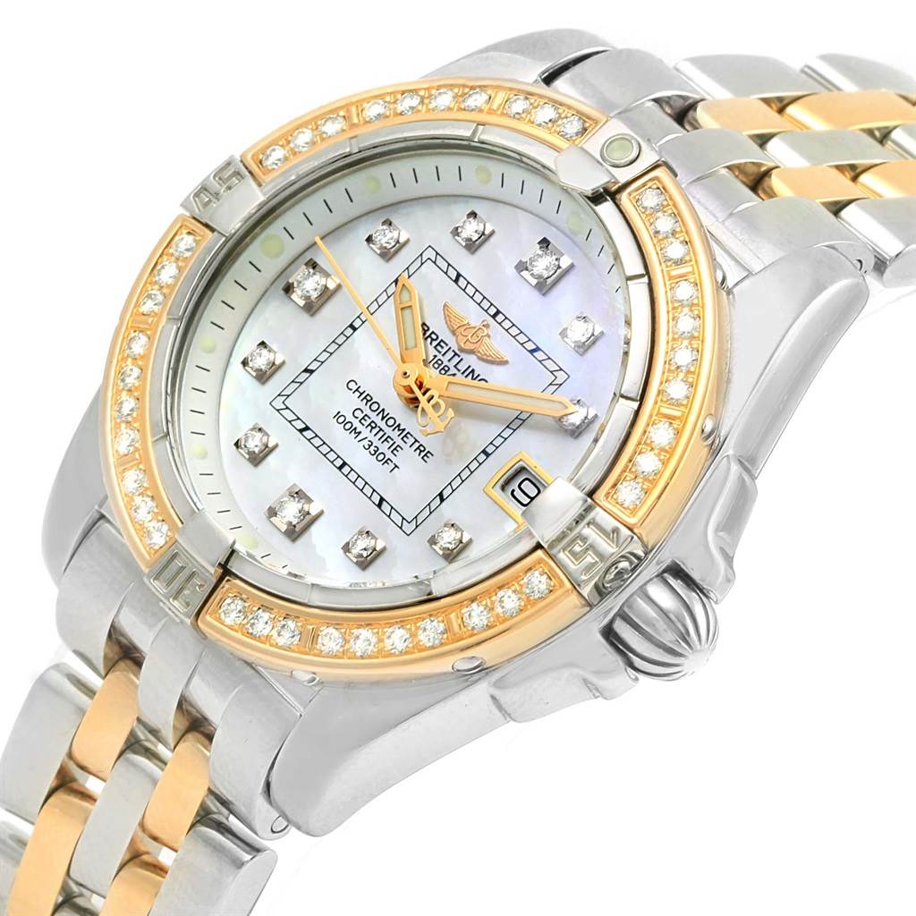 The image shows a front and slightly angled view of the Breitling D71356 Women's Stainless Steel Mother of Pearl Dial D71356 Women's Stainless Steel Mother of Pearl Dial Cockpit Ladies Steel 18K Yellow Gold Diamond Watch D71356.