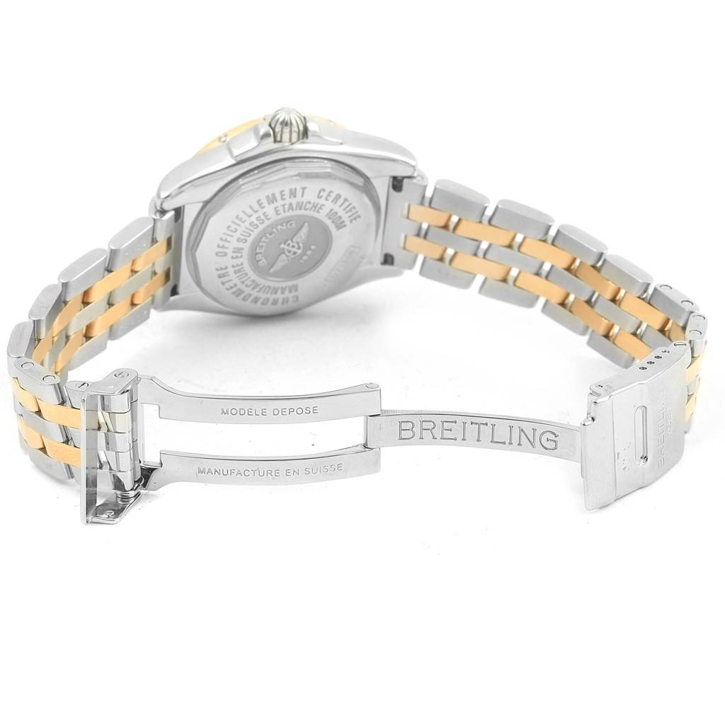 The image shows the back and clasp of the Breitling D71356 Women's Stainless Steel Mother of Pearl Dial D71356 Women's Stainless Steel Mother of Pearl Dial Cockpit Ladies Steel 18K Yellow Gold Diamond Watch D71356 model.