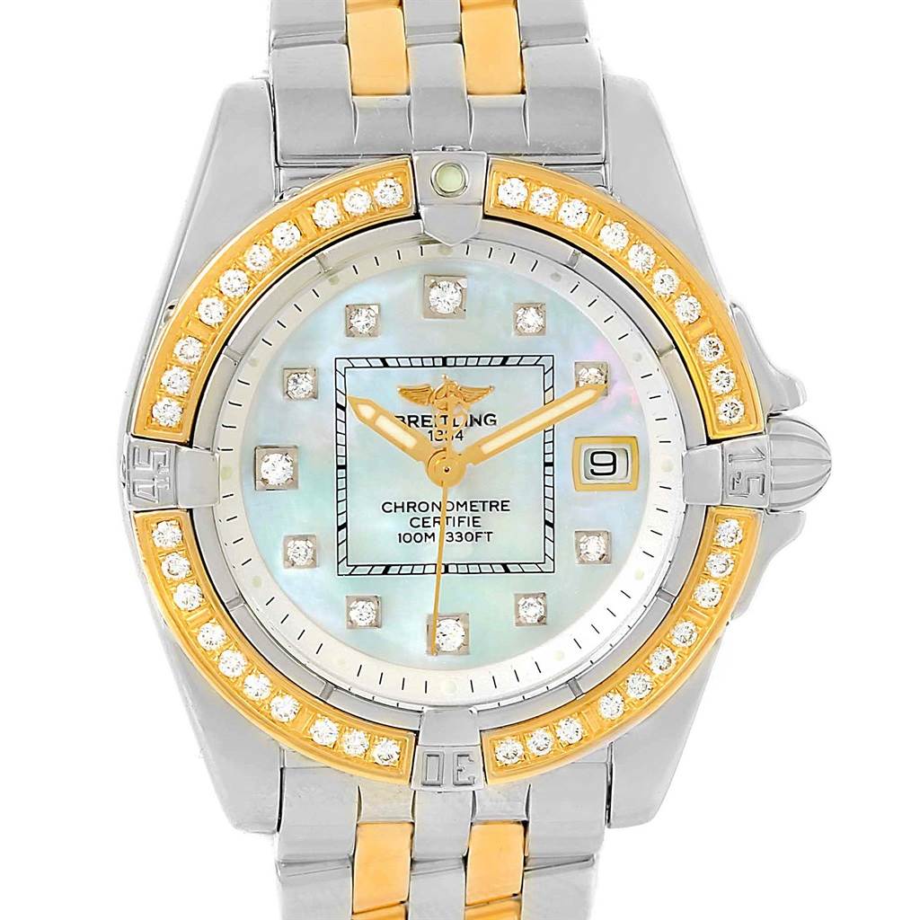 This image shows a front view of a Breitling D71356 Women's Stainless Steel Mother of Pearl Dial D71356 Women's Stainless Steel Mother of Pearl Dial Cockpit Ladies Steel 18K Yellow Gold Diamond Watch D71356 model.