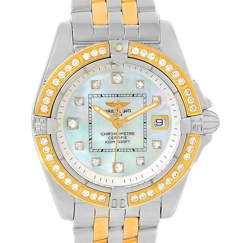 This image shows a front view of a Breitling Cockpit Ladies Steel 18K Yellow Gold Diamond Watch D71356 model.