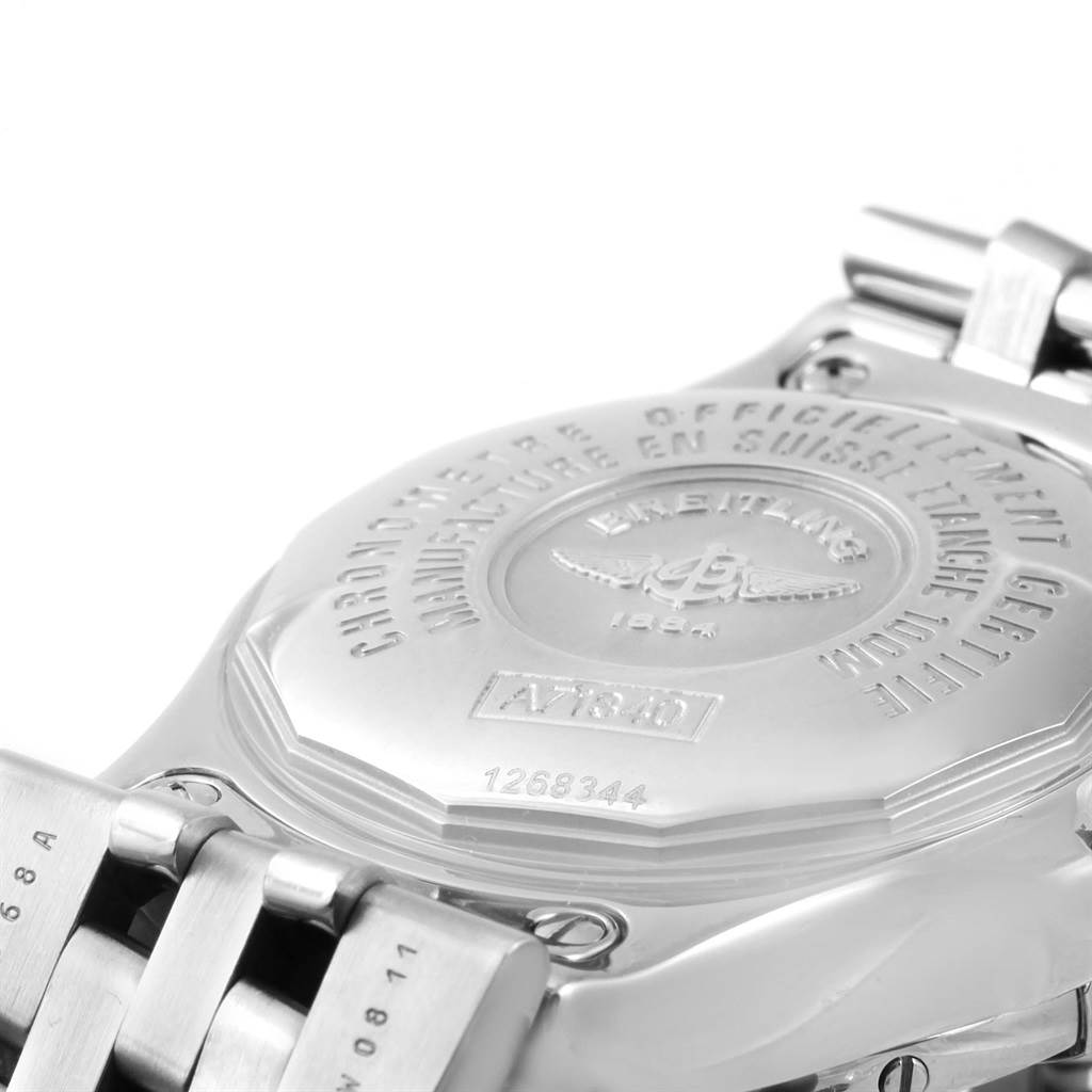 The image shows the back casing and part of the bracelet of the Breitling A71340 Women's Stainless Steel Mother of Pearl Dial A71340 Women's Stainless Steel Mother of Pearl Dial Starliner Green Mother of Pearl Diamond Ladies Watch A71340.