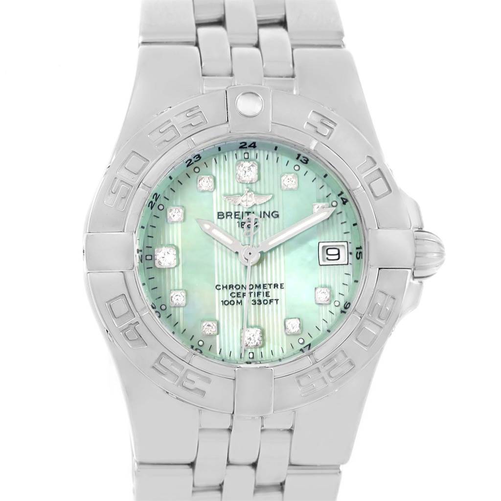 The Breitling A71340 Women's Stainless Steel Mother of Pearl Dial A71340 Women's Stainless Steel Mother of Pearl Dial Starliner Green Mother of Pearl Diamond Ladies Watch A71340 is shown from a front angle highlighting its face and bracelet.