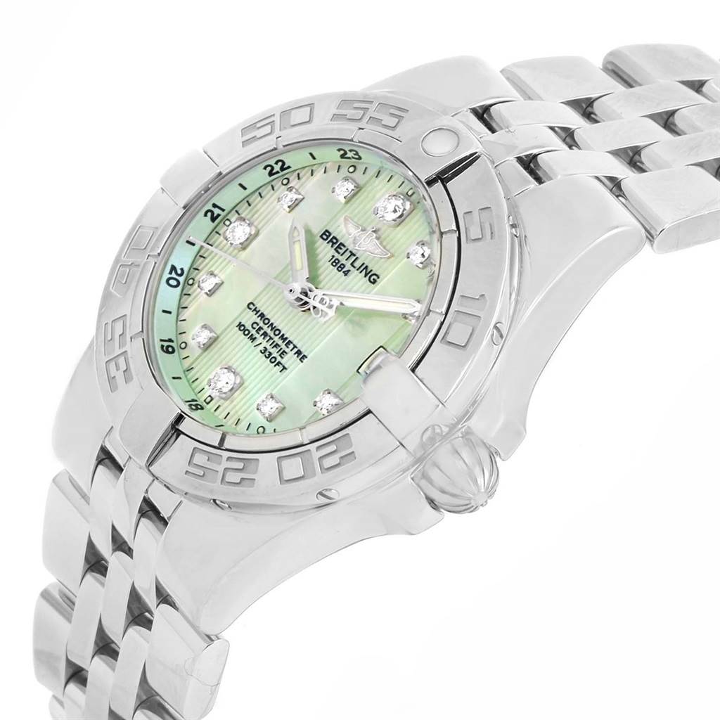 The Breitling A71340 Women's Stainless Steel Mother of Pearl Dial A71340 Women's Stainless Steel Mother of Pearl Dial Starliner Green Mother of Pearl Diamond Ladies Watch A71340 is shown at an angle highlighting the watch face, bezel, crown, and part of the bracelet.