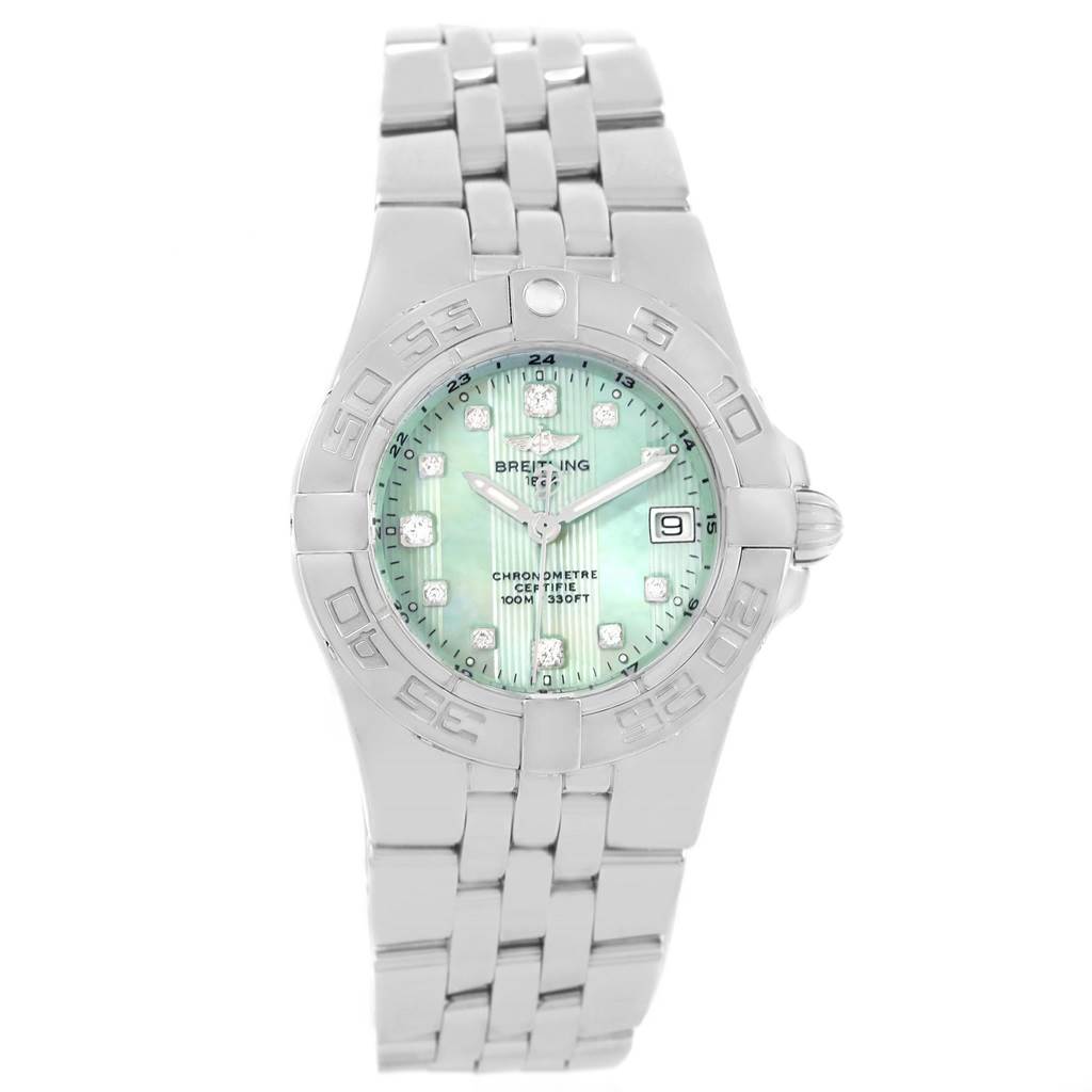 The image shows a front view of the Breitling A71340 Women's Stainless Steel Mother of Pearl Dial A71340 Women's Stainless Steel Mother of Pearl Dial Starliner Green Mother of Pearl Diamond Ladies Watch A71340, displaying the dial, bezel, and bracelet.