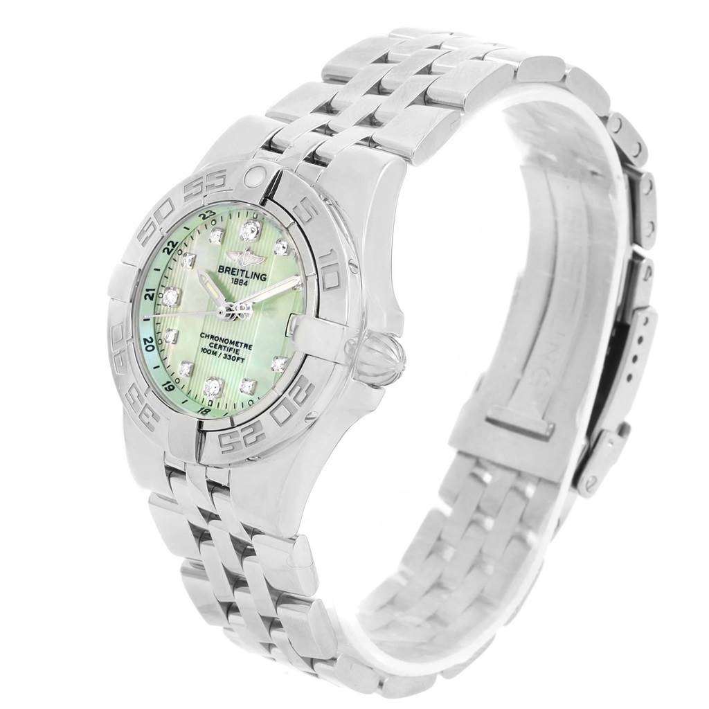 The image shows a Breitling A71340 Women's Stainless Steel Mother of Pearl Dial A71340 Women's Stainless Steel Mother of Pearl Dial Starliner Green Mother of Pearl Diamond Ladies Watch A71340 at a quarter-view angle, highlighting its dial, bracelet, and bezel.